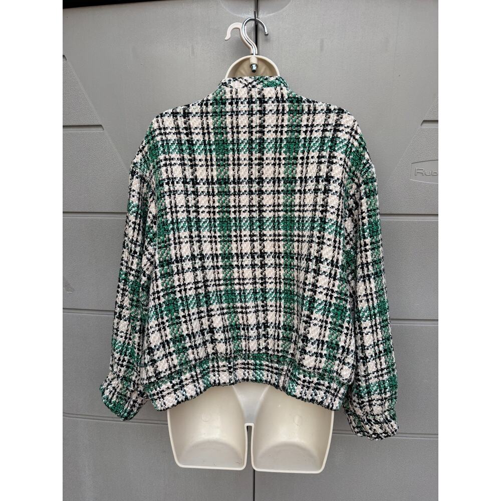 ZARA Women Tweed Plaid Bomber Jacket Zip Front Sz L Old Money Preppy Academia - Picture 9 of 13
